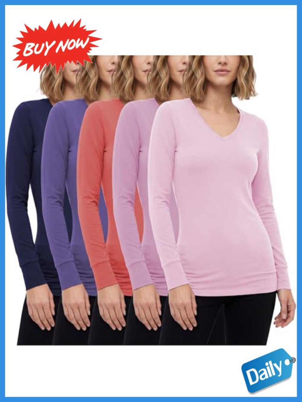 Cotton Stretch Long Sleeve V-Neck T-Shirt Casual Active Top